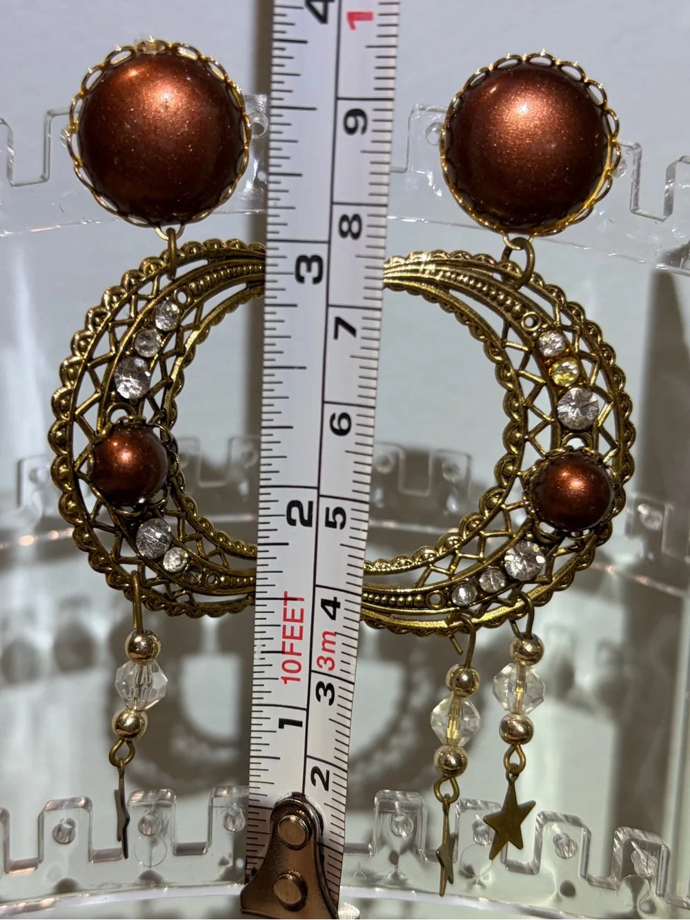 1986 Vintage Leigh LeCocq  Gold Tone Bronze Star & Half Moon Drop Hoop Earrings